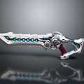 Fantasy Decorative Sword With Silver Metal Blade Blue Accents Red Handle And Intricate Mechanical Design