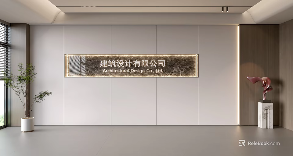 Elegant Modern Office Background Wall Design With Marble Accent And Company Sign 3d model 