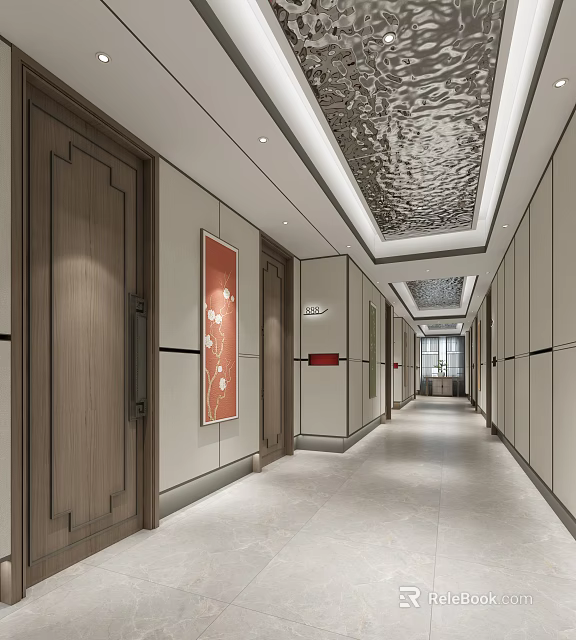 Modern Elevator Hallway Interior With Wooden Doors Red Decorative Painting And Ceiling Design 3d model 