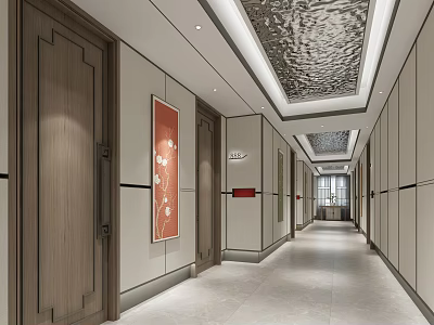 Modern Elevator Hallway Interior With Wooden Doors Red Decorative Painting And Ceiling Design 3d model