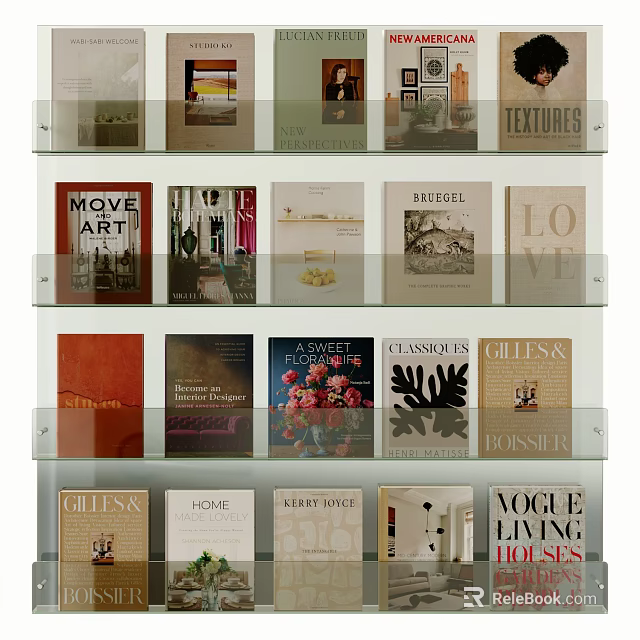Stylish Books And Magazines Display On Glass Shelves With Colorful Covers And Themes 3d model 