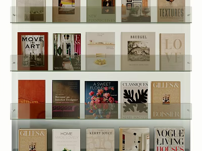 Stylish Books And Magazines Display On Glass Shelves With Colorful Covers And Themes 3d model
