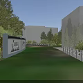 Modern Outdoor Landscape With Buildings Trees Green Plants Paved Pathway And Display Wall