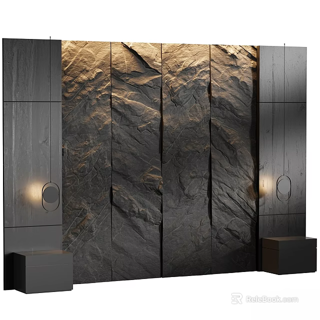 Modern Textured Stone Wall Decor Design With Interior Lighting And Cabinet Elements 3d model 