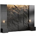 Modern Textured Stone Wall Decor Design With Interior Lighting And Cabinet Elements 3d model