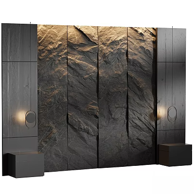 Modern Textured Stone Wall Decor Design With Interior Lighting And Cabinet Elements 3d model