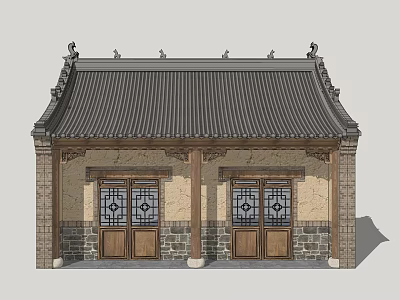 Traditional Chinese Architecture Exterior With Tile Roof Carved Doors And Stone Walls 3d model