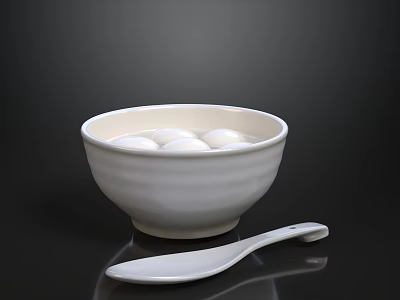 White Bowl With Glutinous Rice Balls And White Spoon On Dark Background 3d model