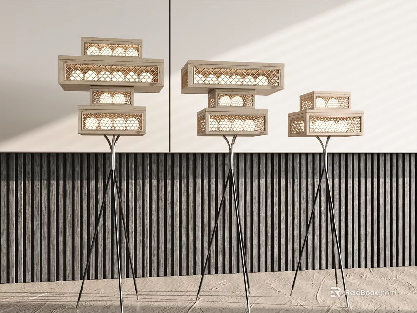 Modern Floor Lamps with Layered Hollow Out Patterns and Black Tripod Base in Minimalist Interior 3d model 