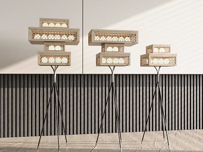 Modern Floor Lamps with Layered Hollow Out Patterns and Black Tripod Base in Minimalist Interior 3d model