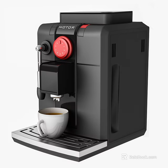 Black Coffee Machine With Red Control Dial Brewing Coffee Into White Cup On Kitchen Counter 3d model 
