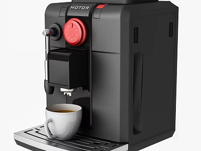 Black Coffee Machine With Red Control Dial Brewing Coffee Into White Cup On Kitchen Counter 3d model