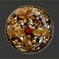 Freshly Baked Cake Topped With Walnuts Chocolate Chips Cherry And Icing