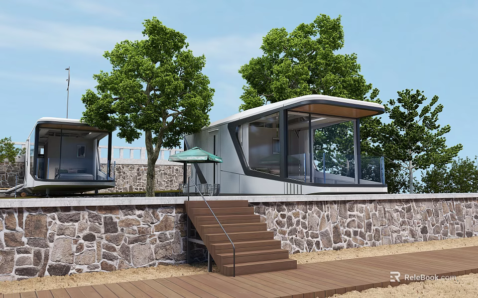 Modern Cabins With Stone Wall Wooden Stairs Glass Walls Wooden Deck And Trees 3d model 