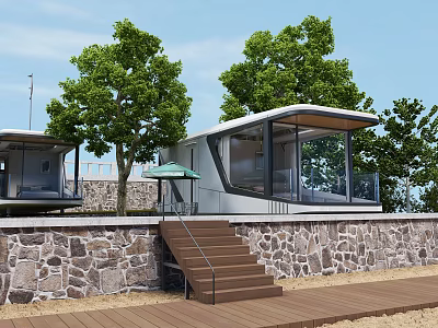 Modern Cabins With Stone Wall Wooden Stairs Glass Walls Wooden Deck And Trees 3d model