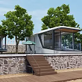 Modern Cabins With Stone Wall Wooden Stairs Glass Walls Wooden Deck And Trees