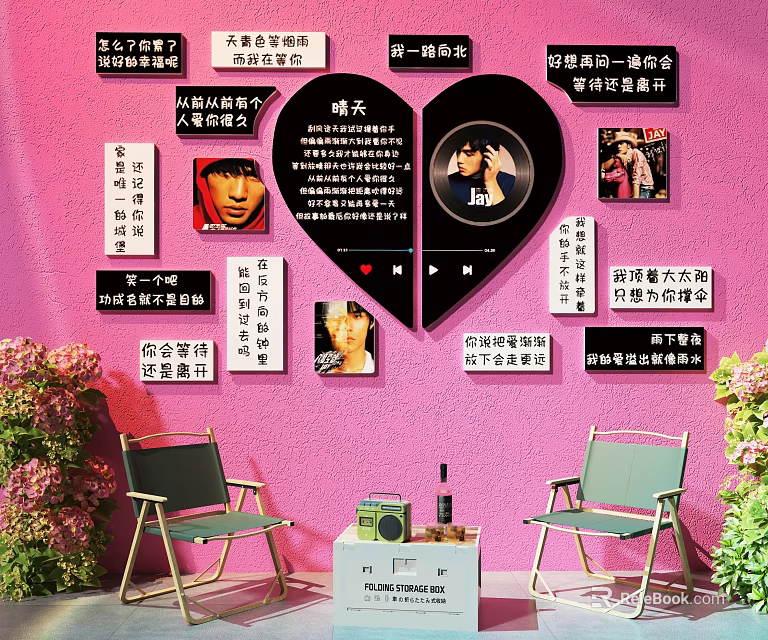 Popular Check in Photo Spot With Pink Wall Heart Shaped Decor And Green Chairs 3d model 