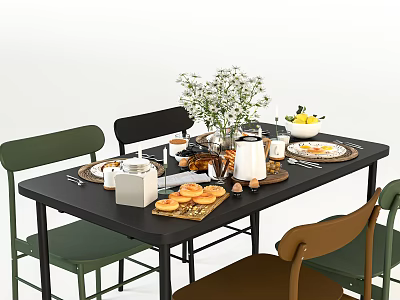 Modern Dining Table Set With Black Table Green Brown Chairs White Flowers And Tableware 3d model