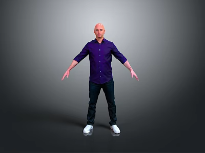 Bald Man In Purple Shirt Standing With Arms Outstretched On Gray Background 3d model