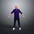 Bald Man In Purple Shirt Standing With Arms Outstretched On Gray Background