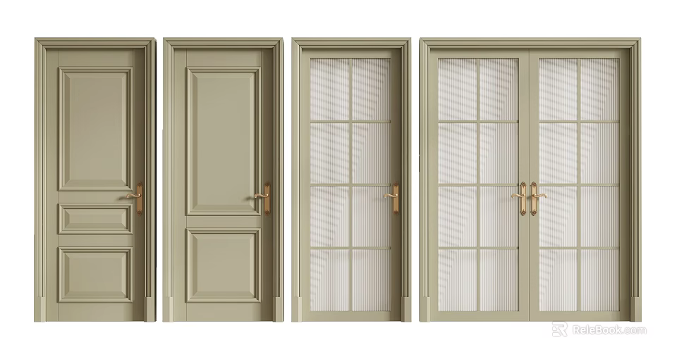 Light Green Hinged Doors With Various Designs Including Solid And Glass Panels 3d model 