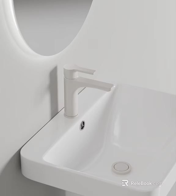 Modern White Washbasin with Sleek Faucet Round Mirror and Clean White Wall Design 3d model 