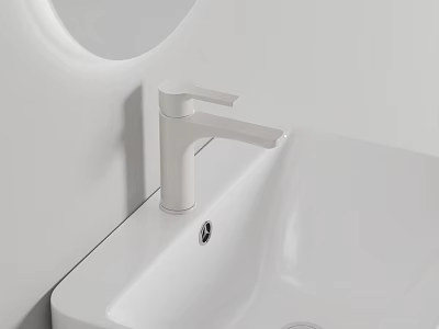 Modern White Washbasin with Sleek Faucet Round Mirror and Clean White Wall Design 3d model