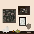 Three Abstract Paintings In Dark Wooden Frames With Floral Patterns And White Design On Beige Wall 3d model