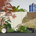Garden Landscape Design With Red Maple Tree White Wall Rock Round Lights And Green Plants