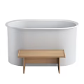 Modern White Freestanding Bathtub With Sleek Design And Natural Wooden Bench
