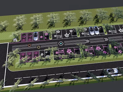 Eco Friendly Parking Lot With Green Trees And Flower Themed Parking Spaces 3d model