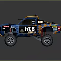Blue Off Road Toy Truck With RT3 HTB Logos Orange Accents And Roof Spotlights