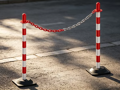 Red and White Striped Bollards Connected by Red Chain on Road Surface 3d model