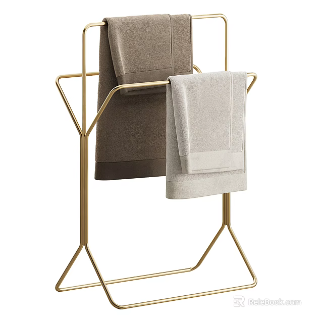Modern Gold Metal Bathroom Towel Rack With Two Dark Brown And Light Gray Towels 3d model 
