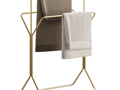 Modern Gold Metal Bathroom Towel Rack With Two Dark Brown And Light Gray Towels 3d model