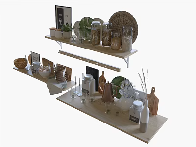 Stylish White Shelves Displaying Kitchen Utensils Plates Bowls Mugs Jars And Plant Decorations 3d model