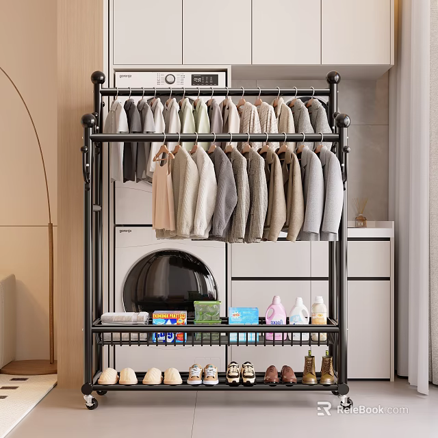 Modern Multi Tiered Metal Clothes Rack For Hanging Clothes In Home Laundry Room 3d model 