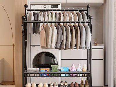 Modern Multi Tiered Metal Clothes Rack For Hanging Clothes In Home Laundry Room 3d model