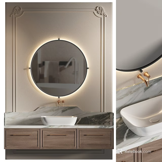 Modern Bathroom Vanity Featuring Round Backlit Mirror Marble Countertop Wooden Cabinets And Brass Faucet 3d model 