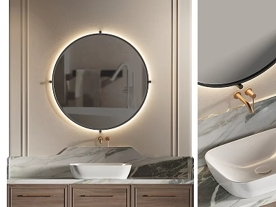 Modern Bathroom Vanity Featuring Round Backlit Mirror Marble Countertop Wooden Cabinets And Brass Faucet 3d model