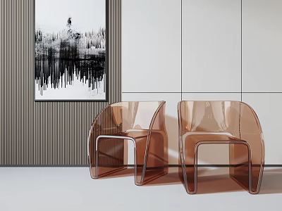 Transparent Amber Leisure Chairs in Modern Room With Striped Walls And Black White Wall Art 3d model