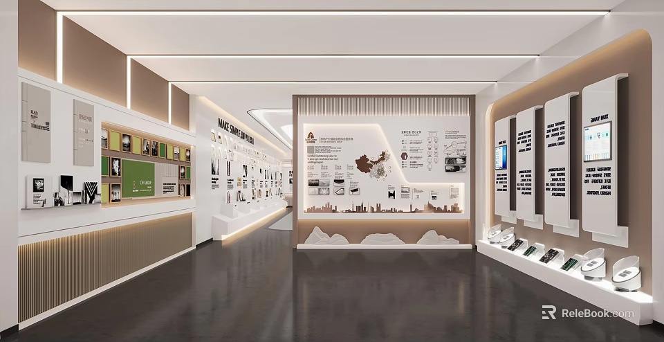 Bright Modern Exhibition Hall Interior Design with Display Walls Map Charts and Exhibits 3d model 