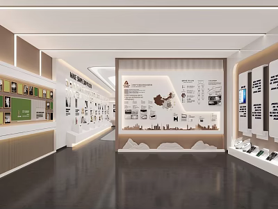 Bright Modern Exhibition Hall Interior Design with Display Walls Map Charts and Exhibits 3d model