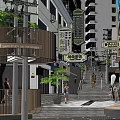 Vibrant Modern Commercial Street With Pedestrians Walking Traditional Signboards Stone Stairs And Greenery