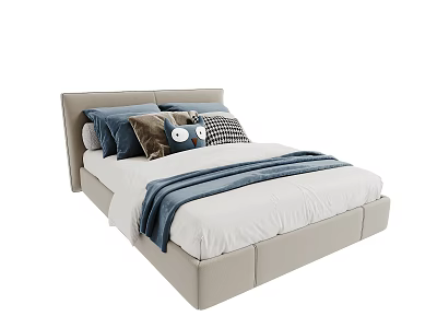 Upholstered Single Bed With Gray Headboard White Mattress Blue Blanket And Pillows 3d model