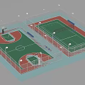 Indoor Basketball Court Facility With Colored Flooring Hoops Fencing Lighting And Spectator Seats