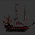 Vintage Model Sailing Ship With Pink Sails And Intricate Decorative Details