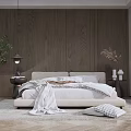 Modern Double Bed Interior With Wooden Wall Nightstand Lamp And Soft Bedding