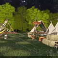 Garden Landscape With White Tipis Under Starry Sky Trees Tables Chairs Hay Bales Log Stacks