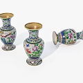 Three Decorative Ceramic Vases With Colorful Patterns And Gold Edges One Lying Down 3d model